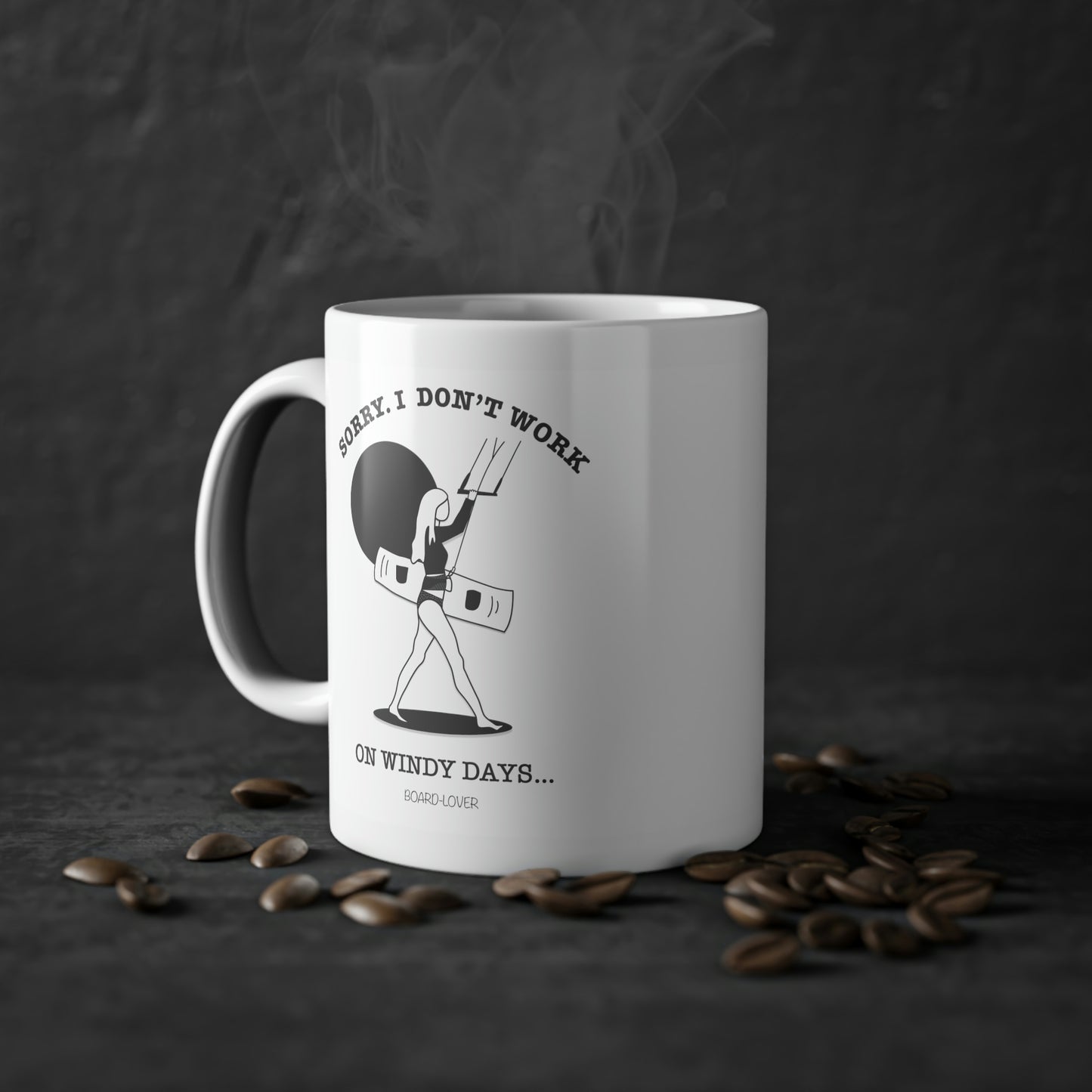 sorry I don't work on windy days. Black and white mug. 0.33L