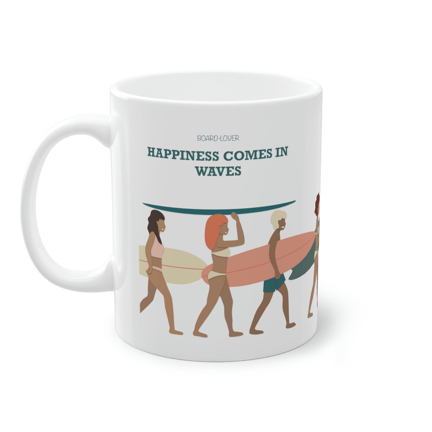 Surfer Tasse 0,33L (11oz) - Happiness comes in Waves - Gehende Surfer mit Surfboard in der Hand