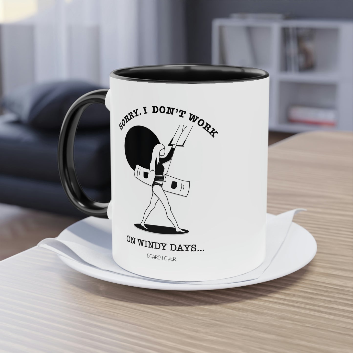 Sorry. I don't work on windy days. Black and white mug. Colored handle and inside - 0.33L