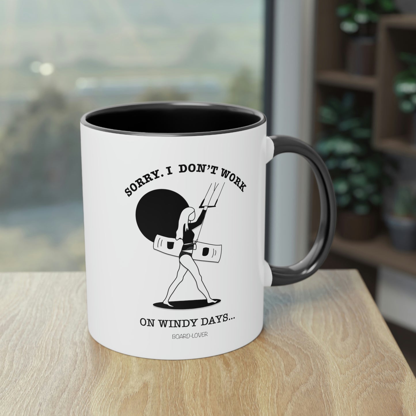 Sorry. I don't work on windy days. Black and white mug. Colored handle and inside - 0.33L